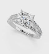 White gold Princess Cut Diamond Solitaire Engagement Ring with Split Shank Pavé Band