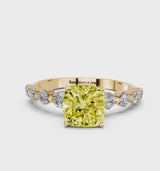 Yellow gold Fancy Yellow Cushion Cut Solitaire Diamond Ring with Pave Band and Four-Prong Setting
