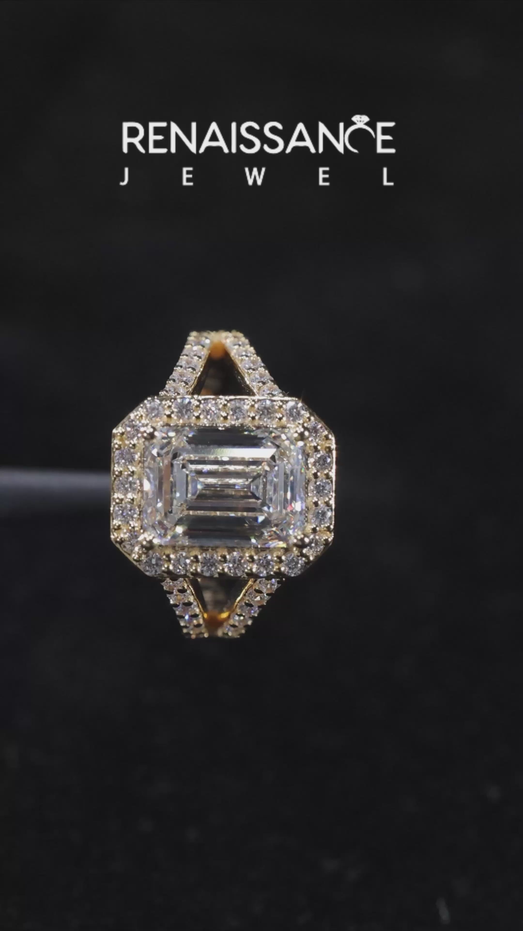 Yellow gold Emerald-Cut Halo Split Shank Diamond Ring with Four-Prong Setting 4