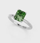 Silver Fancy Green Radiant Cut Diamond Solitaire Ring with Six-Prong Setting and Classic Band