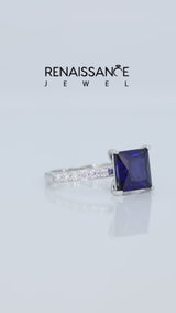 Silver Princess Cut Blue Sapphire Solitaire Ring with Round  Pavé Band and Prong Setting