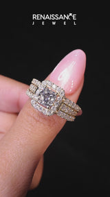 Yellow gold Cushion Cut Halo Diamond Ring with Round  Split Shank and Prong Setting