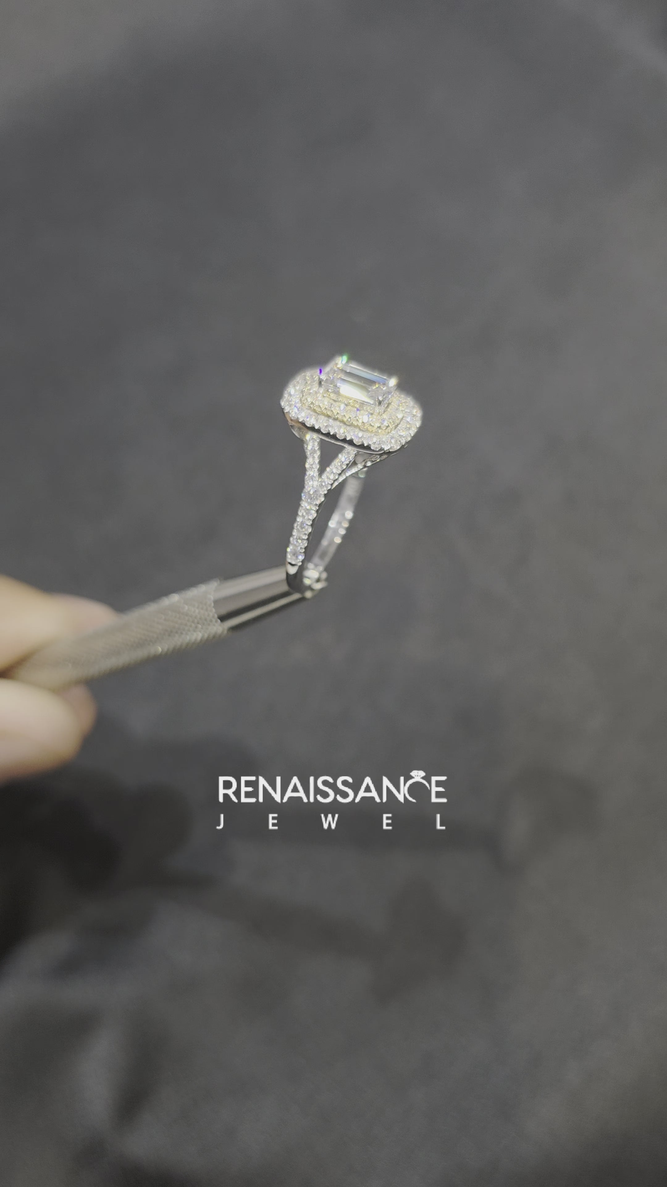 Yellow gold Double Halo Radiant Cut Diamond Split Shank Ring with Four Prong Setting 4