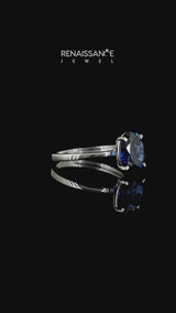 Silver Oval Cut Blue Sapphire Solitaire Engagement Ring with Classic Band and Four-Prong Setting