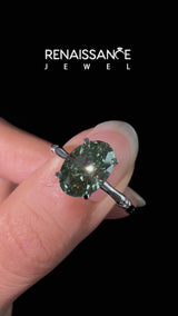 White gold Fancy Green Oval  Solitaire Diamond Ring with Bamboo Band and Four-Prong Setting