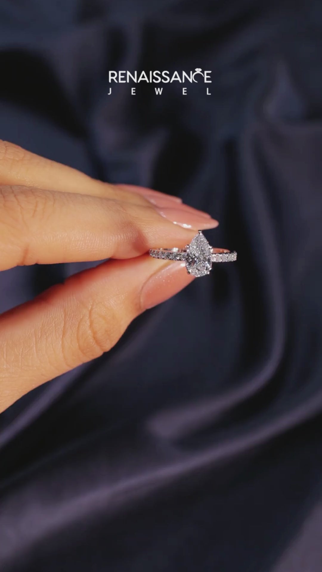 Platinum Pear Solitaire Diamond Pavé Band with Four-Prong Setting 7