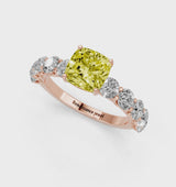 Rose gold Fancy Yellow Cushion Cut Diamond Prong Setting with Side Stones on a Pave Band