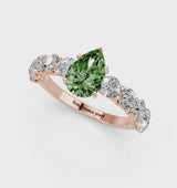 Rose gold Fancy Green Pear Cut Diamond Prong Setting with Side Stones on a Pave Band