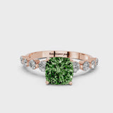 Rose gold Fancy Green Cushion Cut Solitaire Diamond Ring with Pave Band and Four-Prong Setting