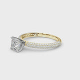 Yellow gold Cushion Diamond Solitaire Ring with Prong Setting and Pavé Band