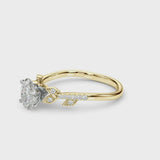 Yellow gold Oval Solitaire Leaf-Inspired Diamond Ring with Pavé Band and Four-Prong Setting