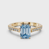 Yellow gold Fancy Blue Emerald  Cut Solitaire Diamond Engagement Ring with Pave Band and Four-Prong Setting