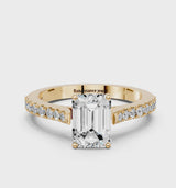 Yellow gold Emerald Cut Solitaire Diamond Engagement Ring with Pave Band and Four-Prong Setting