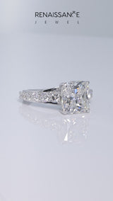 Platinum Cushion Cut Diamond Engagement Ring with Pavé Band and Four-Prong Setting