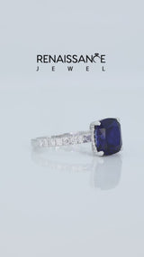 Silver Cushion Cut Blue Sapphire Pave Band Solitaire Ring with Round  and Prong Setting
