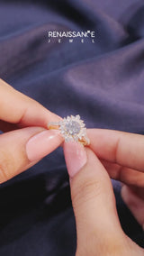 Yellow gold Round Halo Diamond Floral Cluster Ring with Pavé Band and Prong Setting