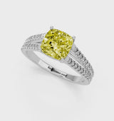 Platinum Fancy Yellow Cushion Cut Diamond Solitaire Engagement Ring with Split Shank Pavé Band