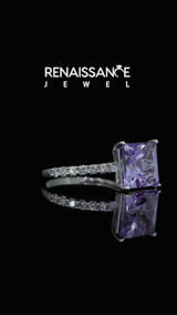 Silver Princess Cut Tanzanite Solitaire Ring with Round  Pavé Band and Prong Setting
