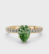 Yellow gold Fancy Green Pear  Solitaire Pave Diamond Engagement Ring with Four-Prong Setting