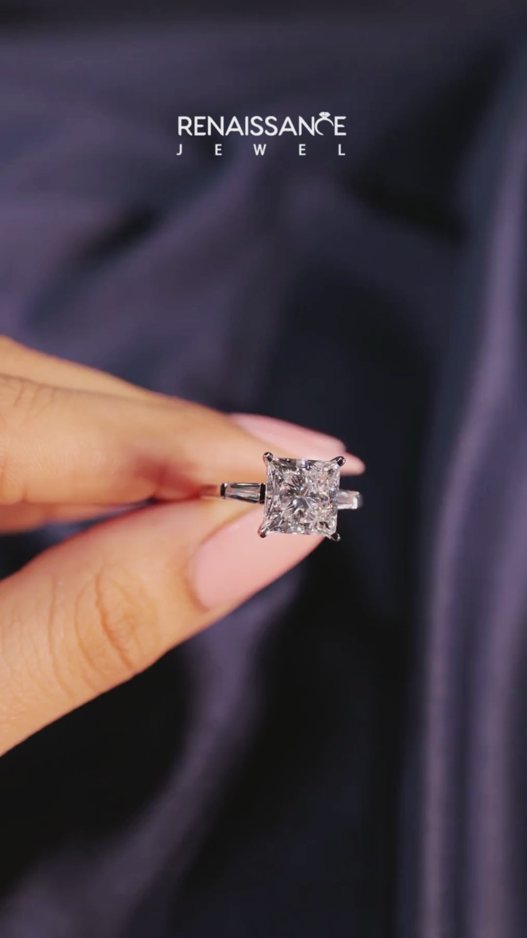 Silver Princess Cut Diamond Solitaire Ring with Tapered Baguette Accents and Four-Prong Setting 5