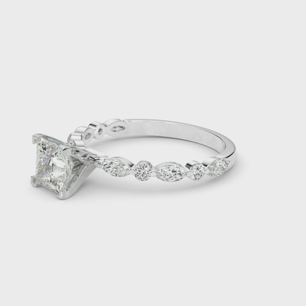 Silver Princess Solitaire with Side Stones on a Pavé Band and Four-Prong Setting 3