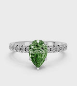 White gold Fancy Green Pear  Solitaire Pave Diamond Engagement Ring with Four-Prong Setting
