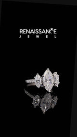 Silver Three-Stone Marquise Cut Moissanite Ring with Round  Pavé Band and Prong Setting