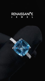 Silver Cushion Cut Blue Topaz Pave Band Solitaire Ring with Round  and Prong Setting