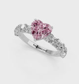 Silver Fancy Pink Heart Cut Diamond Prong Setting with Side Stones on a Pave Band