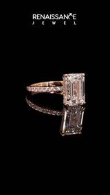 Rose gold Emerald Cut Diamond Pave Band Solitaire Ring with Round  and Prong Setting