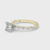 Yellow gold Princess Cut Diamond Ring with Marquise and Round  Side Stones and Four-Prong Setting