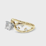 Yellow gold Cushion Cut Solitaire Diamond with Side Stones on Criss-Cross Band and Four-Prong Setting