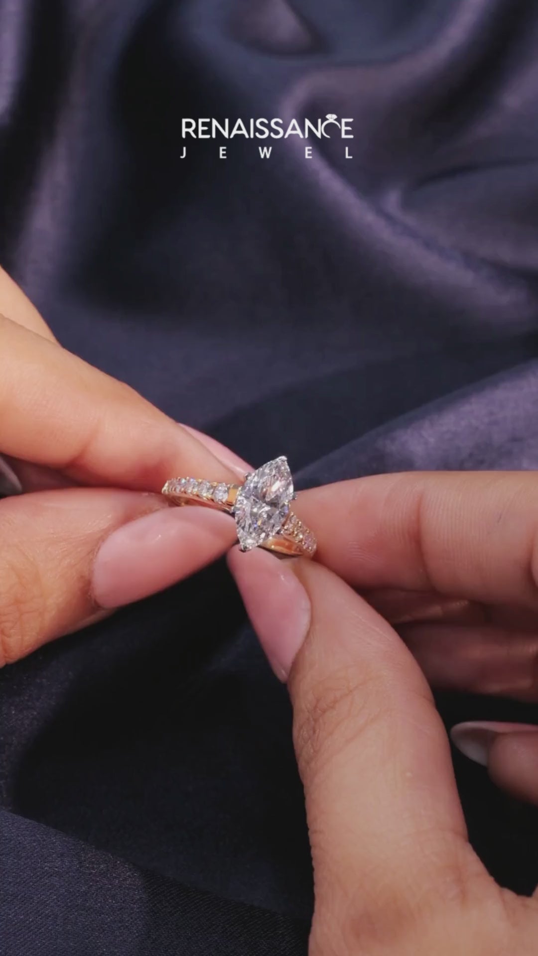 Yellow gold Marquise Cut Diamond Solitaire with Pave Band and Four-Prong Setting 6