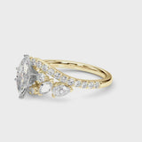 Yellow gold Marquise Diamond Halo Ring with Marquise and Pavé Band in Prong Setting