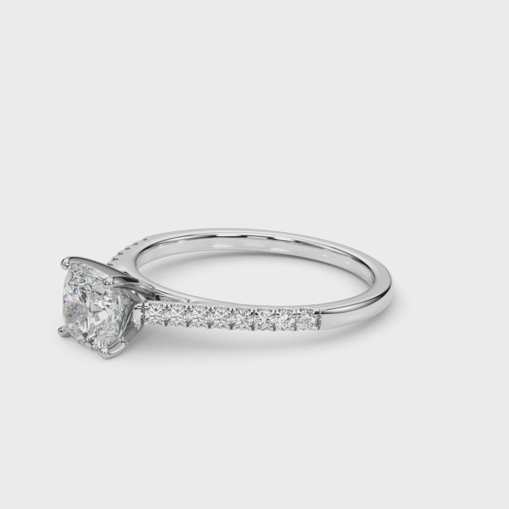 Silver Cushion Cut Solitaire Diamond Ring with Pave Band and Four-Prong Setting 3