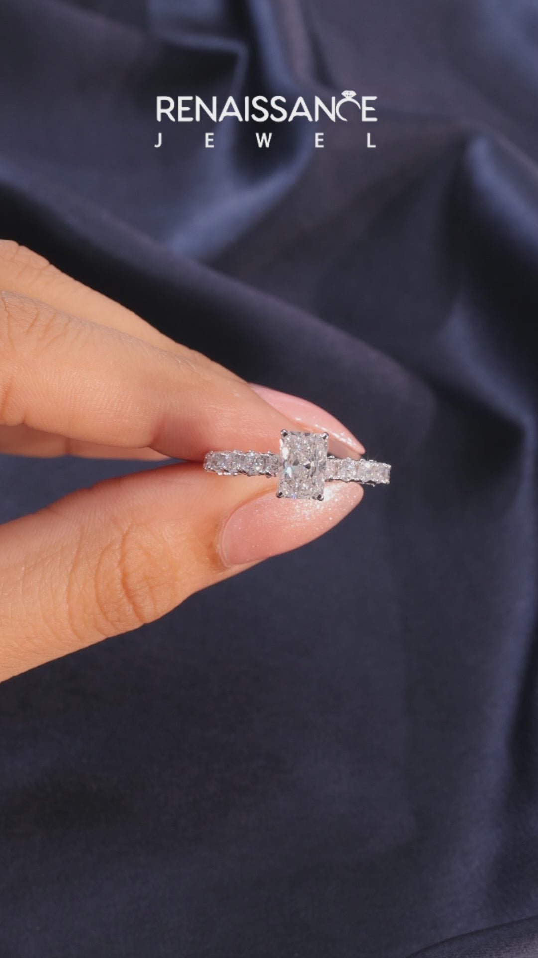 White gold Radiant Diamond Pavé Band Solitaire Ring with Four-Prong Setting_35