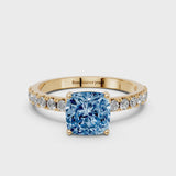 Yellow gold Fancy Blue Cushion Cut Diamond Solitaire Pavé Band with Four-Prong Setting