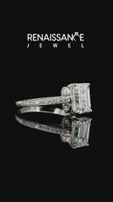 White Gold Emerald Cut Cathedral Engagement Ring Setting with Pave Shoulders