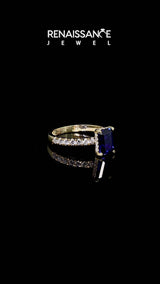 Yellow gold Emerald Cut Blue Sapphire Solitaire Ring with Round  Pavé Band and Four-Prong Setting