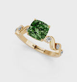 Yellow gold Fancy Green Cushion  Solitaire Twisted Band with Prong Setting