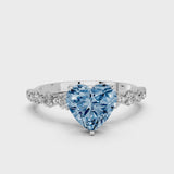 Silver Fancy Blue Heart Cut Solitaire Diamond Ring with Pave Band and Four-Prong Setting