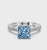 White gold Fancy Blue Princess  Cut Solitaire Diamond Engagement Ring with Pave Band and Four-Prong Setting