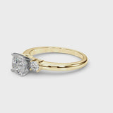 Yellow gold Three-Stone Cushion Cut Diamond Solitaire with Prong Setting and Classic Band