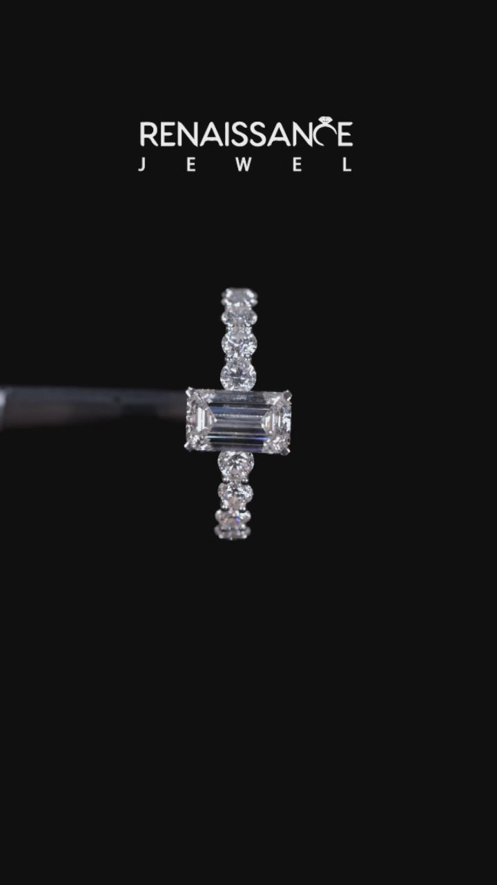 White gold Emerald Diamond Prong Setting with Side Stones on a Pave Band 5