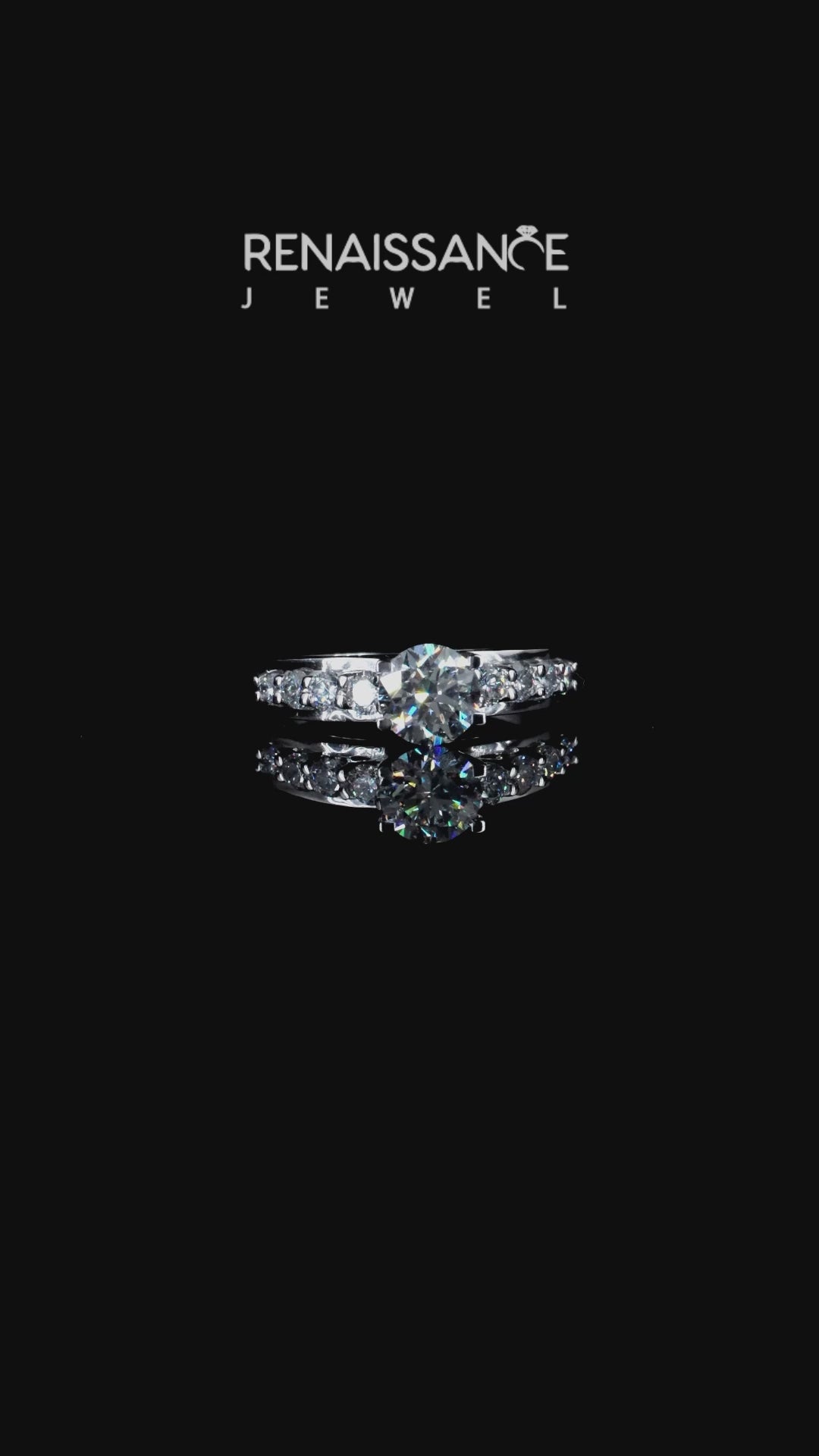 Silver Round Brilliant Solitaire with Side Stones on a Pave Band and Four-Prong Setting 4