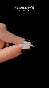 Yellow gold Cushion Cut Diamond Solitaire Ring with Round  Pavé Band and Four-Prong Setting