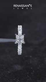 Silver Asscher Cut Diamond Pavé Band Solitaire Ring with Prong Setting