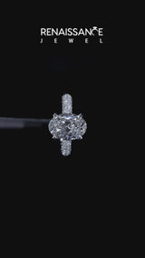 White gold Oval Diamond Solitaire Ring with Prong Setting and Pavé Band