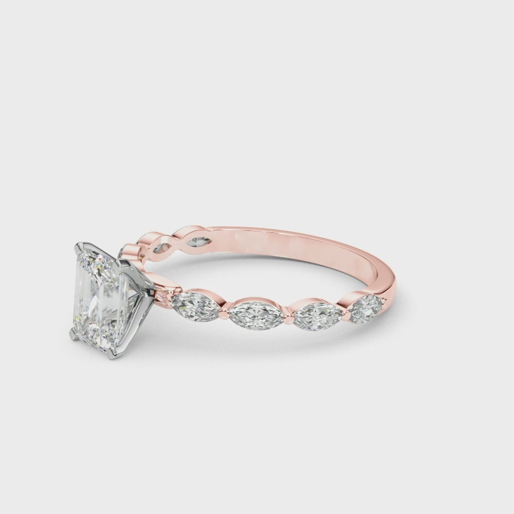Rose gold Radiant Solitaire Marquise Side Stone Prong Setting Ring 3