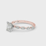 Rose gold Radiant Cut Diamond Ring with Marquise Side Stones and Prong Setting